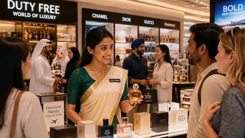Airport duty free sales assistant showing a perfume to international travellers at a luxury retail counter
