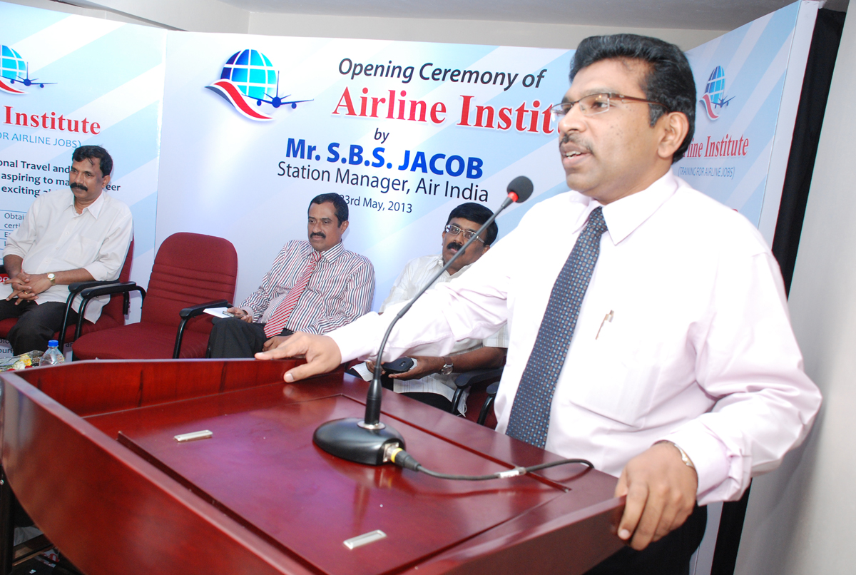 Mr. S.B.S. Jacob, Station Manager, Air India, speaking at the opening ceremony of the Airline Institute city office in 2013