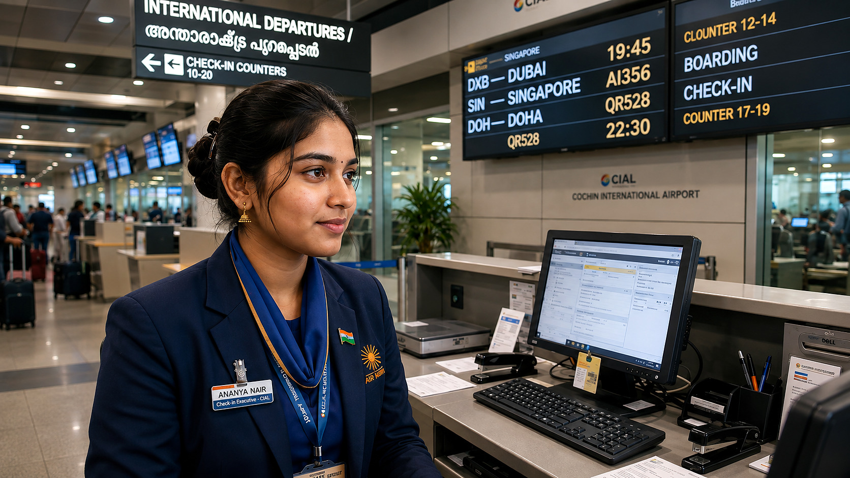 Airline check-in executive in uniform at the international departures counter of Trivandrum International Airport