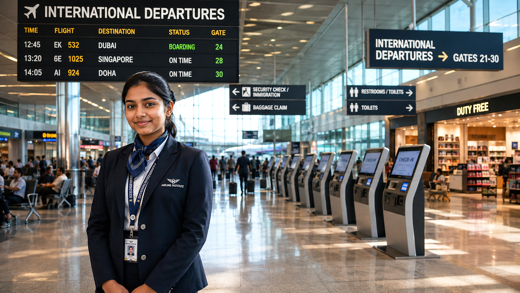 Trained airport staff member in uniform standing in the international departures terminal at Trivandrum airport